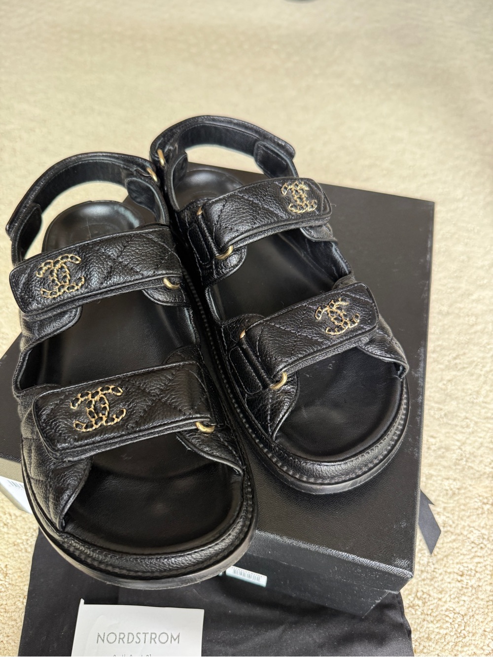Authentic CHANEL Black Quilted caviar Leather Logo dad Sandals 38 8 - Picture 8 of 13